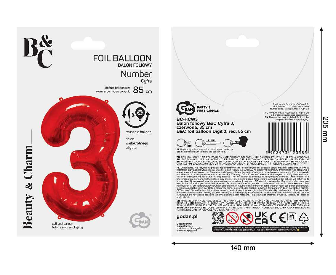 Foil ballon number 3, red, 85 cm